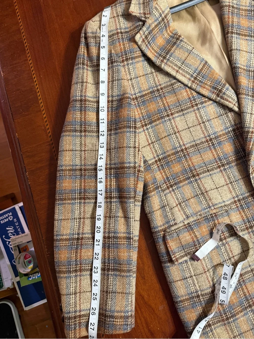 Vintage Wool Tweed Blazer 46R Brown Blue Tan Windowpane Plaid Mens Sport Coat 33